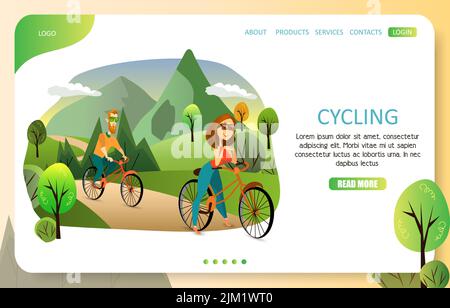 Cycling landing page website template. Vector illustration of couple riding bicycles in park. Summer activities, family vacation concept. Stock Vector