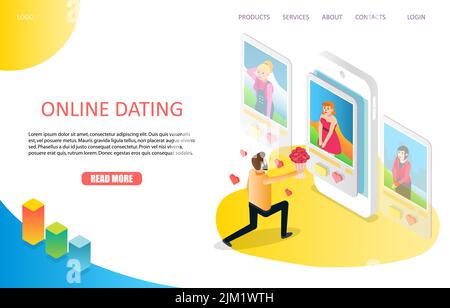 Dating online landing page website template. Vector isometric illustration of man giving bouquet of flowers to his girlfriend from smartphone while ge Stock Vector