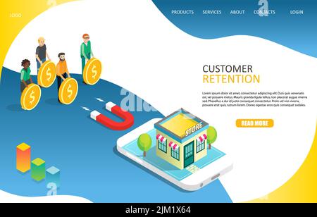 Customer retention landing page website template. Vector isometric illustration of red magnet attracting people with dollar coins to visit store. Targ Stock Vector