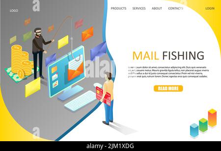 Mail phishing landing page website template. Vector isometric illustration of cyber thief hacking email message or personal information from desktop u Stock Vector