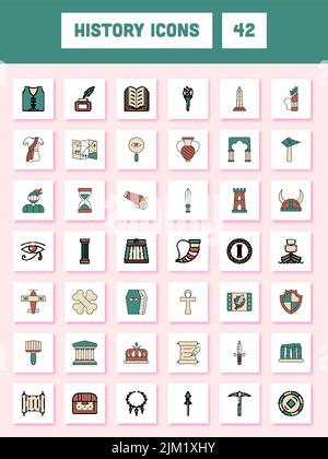 Teal Green And Brown Color Set Of History Icons In Flat Style. Stock Vector