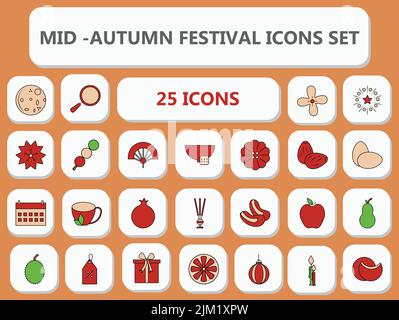 Isolated 25- Mid Autumn Festival Icon Set In Flat Style Stock Vector