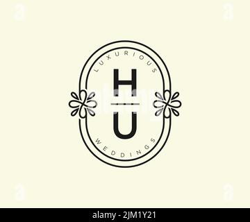 HU Initials letter Wedding monogram logos template, hand drawn modern minimalistic and floral templates for Invitation cards, Save the Date, elegant Stock Vector