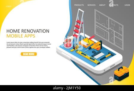 Home renovation mobile apps landing page website template. Vector isometric illustration of smartphone with tool kit on screen and renovation plan of Stock Vector
