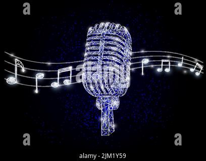 Microphone and music notes low poly wireframe mesh made of points, lines and shapes. Vector polygonal art style illustration. Musical poster banner te Stock Vector