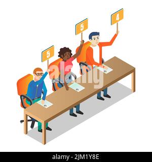 Jury judges holding scorecards. Vector isometric illustration. People holding tablets with numbers. Competition, quiz, exam concept. Stock Vector