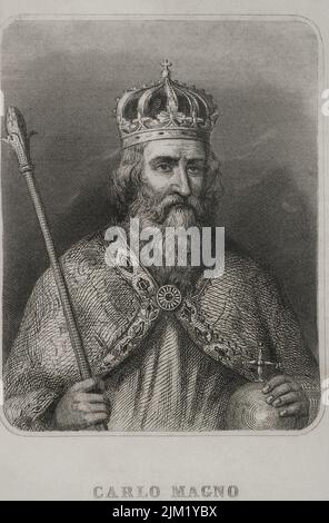 Charlemagne (742-814). King of the Franks (768-814), king of the Lombards (774-814), and emperor of the Holy Roman Empire (800-814). Portrait. Engraving. 'Historia Universal', by César Cantú. Volume III, 1855.