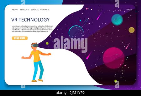 VR technology landing page website template. Vector isometric illustration of boy with VR headset in outer space. Virtual reality for education and ga Stock Vector