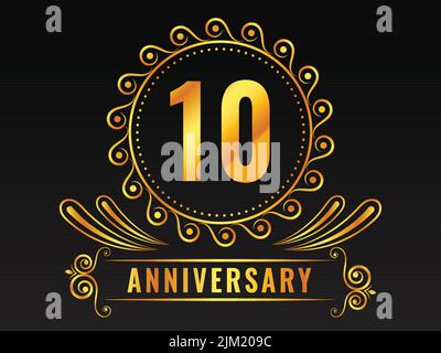 Golden 10th Anniversary Emblem Badge On Black Background. Stock Vector