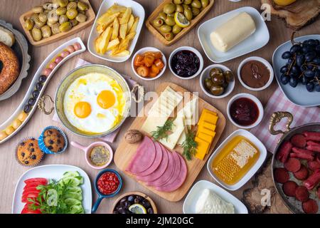 Traditional delicious Turkish breakfast, food concept photo. Stock Photo