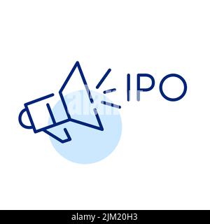 Megaphone with word IPO. Pixel perfect, editable stroke line art icon Stock Vector