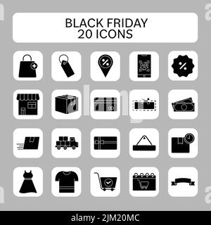 B&W Black Friday 20 Icon Set Over Grey Background. Stock Vector