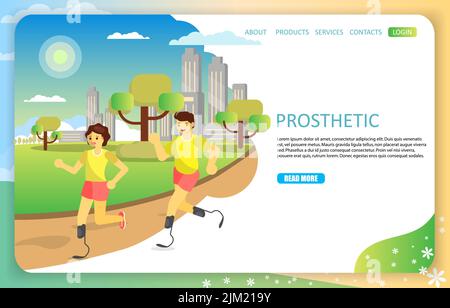 Sports prosthetic landing page website template. Vector illustration of handicap runners man and woman running on artificial sports feet blades. Paral Stock Vector