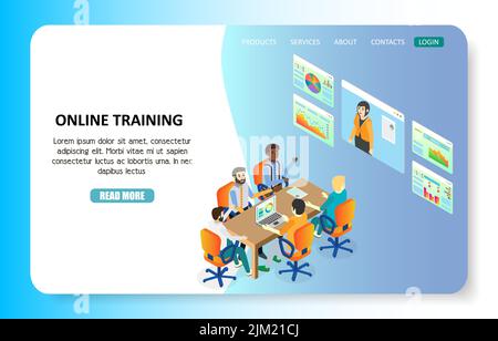 Online training landing page website template. Vector isometric illustration. Online webinar, e-learning, distance education, video tutorials concept. Stock Vector