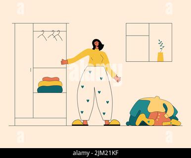 Vector illustration in flat style.Woman in pajamas and slippers stands between bunch of uncollected things and a neat closet. Cleaning and restoring o Stock Vector