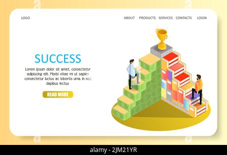 Business success landing page website template. Vector isometric illustration of two men going upstairs to trophy on the top. Business growth, career Stock Vector