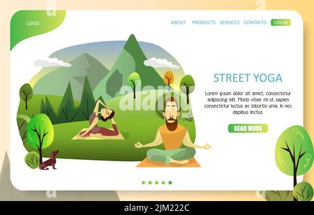 Street yoga landing page website template. Vector illustration of couple doing yoga asana, meditating in park. Outdoors yoga training concept. Stock Vector