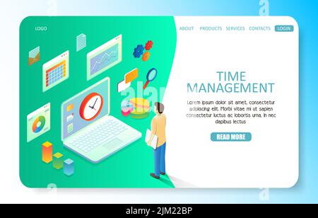 Time management landing page website template. Vector isometric laptop with clock, graphs and man planning his day in order to manage his time and ach Stock Vector