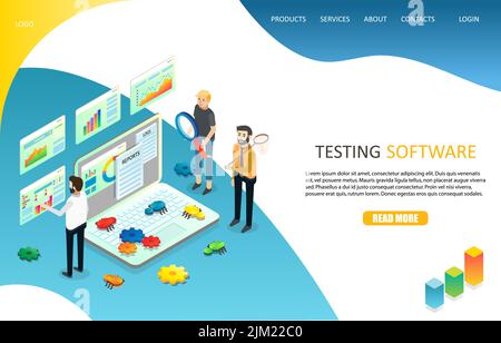 Testing software landing page website template. Vector isometric illustration. Software development and testing process. Stock Vector