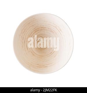 Empty white bowl isolated on a white background. Cutout of beige ramekin decorated inside with brown circular lines. Empty crockery for food design. Stock Photo