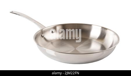 New stainless steel frying pan cutout. New skillet of 18 10 chrome nickel steel isolated on a white background. Empty inox frypan for frying, searing. Stock Photo
