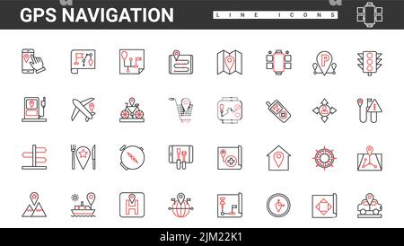GPS navigation, travel and tourism, equipment for distance orientation thin red and black line icons set vector illustration. Abstract sea ship and plane, compass and map with pointers and route Stock Vector