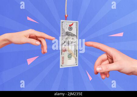 Collage image picture poster two arms finger try get money rope letting down isolated on painted colorful background Stock Photo