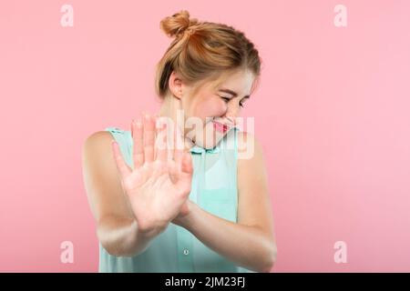 rejection refusal see woman put hands push away Stock Photo