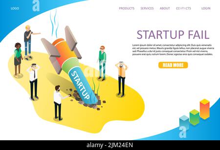 Startup fail landing page website template. Vector isometric illustration. Business failure, rocket crash concept. Stock Vector