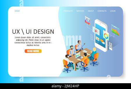 UX or UI design landing page website template. Vector isometric illustration. Mobile application user interface development concept. Stock Vector