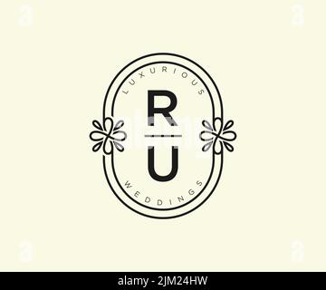 RU Initials letter Wedding monogram logos template, hand drawn modern minimalistic and floral templates for Invitation cards, Save the Date, elegant Stock Vector