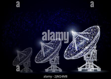 Satellite tv and radio signals receiver parabolic antenna low poly wireframe mesh made of points, lines and shapes. Vector polygonal art style illustr Stock Vector