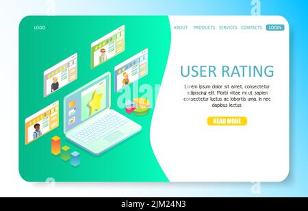 User rating landing page website template. Vector isometric illustration of computer with customer review messages. Stock Vector