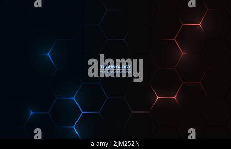 Dark hexagon gaming abstract vector background with blue and red colored bright flashes. Vector illustration Stock Vector