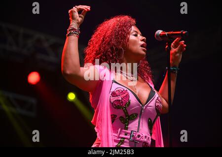 Kelis Rogers-Mora, commonly known as Kelis, performs her hit song Milkshake at Tramlines Festival in Sheffield. (Photo by Robin Burns / SOPA Images/Sipa USA) Stock Photo