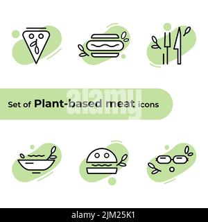 Set of Vector icons. Concept of plant based meat. With concern for the planet and love for animals. Stock Vector