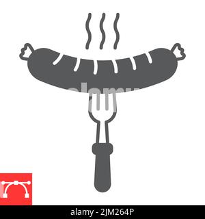 Sausage on fork glyph icon, meat and oktoberfest, bratwurst on fork vector icon, vector graphics, editable stroke solid sign, eps 10. Stock Vector