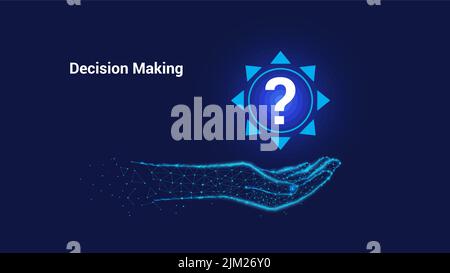 Decision making concept. Question mark inside a circle and arrows pointing in different directions. Polygonal hand on a blue background. Stock Vector