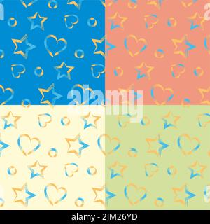print for kids' clothes, stars and hearts on a blue background Stock Vector