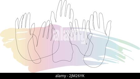 Raised hands volunteering one line drawing. Colorful hand up wave banner. People rights election. Inclusion and diversity culture equity. Inclusive so Stock Vector