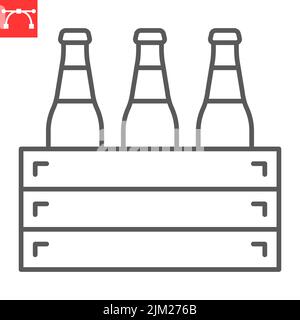 Case of beer line icon, beverage and oktoberfest, beer bottles in wooden crate vector icon, vector graphics, editable stroke outline sign, eps 10. Stock Vector