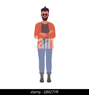 Hipster man with crossed arms. Standing stylish cool boy with glasses vector illustration Stock Vector