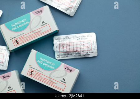 LONDON, UK - August 2022: packs of isotretinoin or roaccutane tablets used to treat severe acne Stock Photo