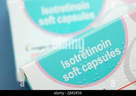 LONDON, UK - August 2022: packs of isotretinoin or roaccutane tablets used to treat severe acne Stock Photo