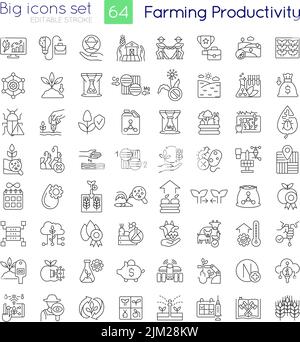 Farming productivity linear icons set Stock Vector
