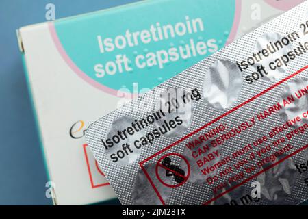 LONDON, UK - August 2022: packs of isotretinoin or roaccutane tablets used to treat severe acne Stock Photo