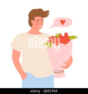 Boy in love with flowers bouquet. Valentine day celebrating, couple surprise vector illustration Stock Vector
