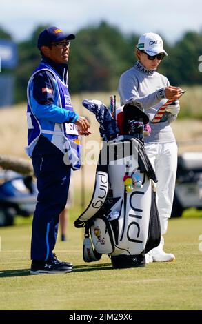 Gullane, Scotland, UK. 4th  August 2022. Opening round of the AIG Women’s Open golf championship at Muirfield in East Lothian. Pic; Hinako Shibuno and her caddie l Iain Masterton/Alamy Live News Stock Photo