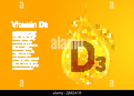 Vitamin D3. Baner with vector images of golden drops with oxygen bubbles. Health concept. Stock Vector