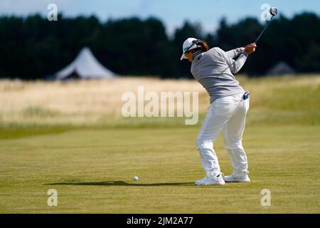 Gullane, Scotland, UK. 4th  August 2022. Opening round of the AIG Women’s Open golf championship at Muirfield in East Lothian. Pic; Hinako Shibuno of Japan approach to 15th hole.  Iain Masterton/Alamy Live News Stock Photo